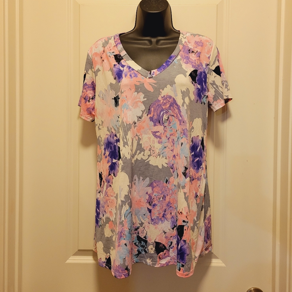 Pink-Purple-Gray Floral Boutique Blouse